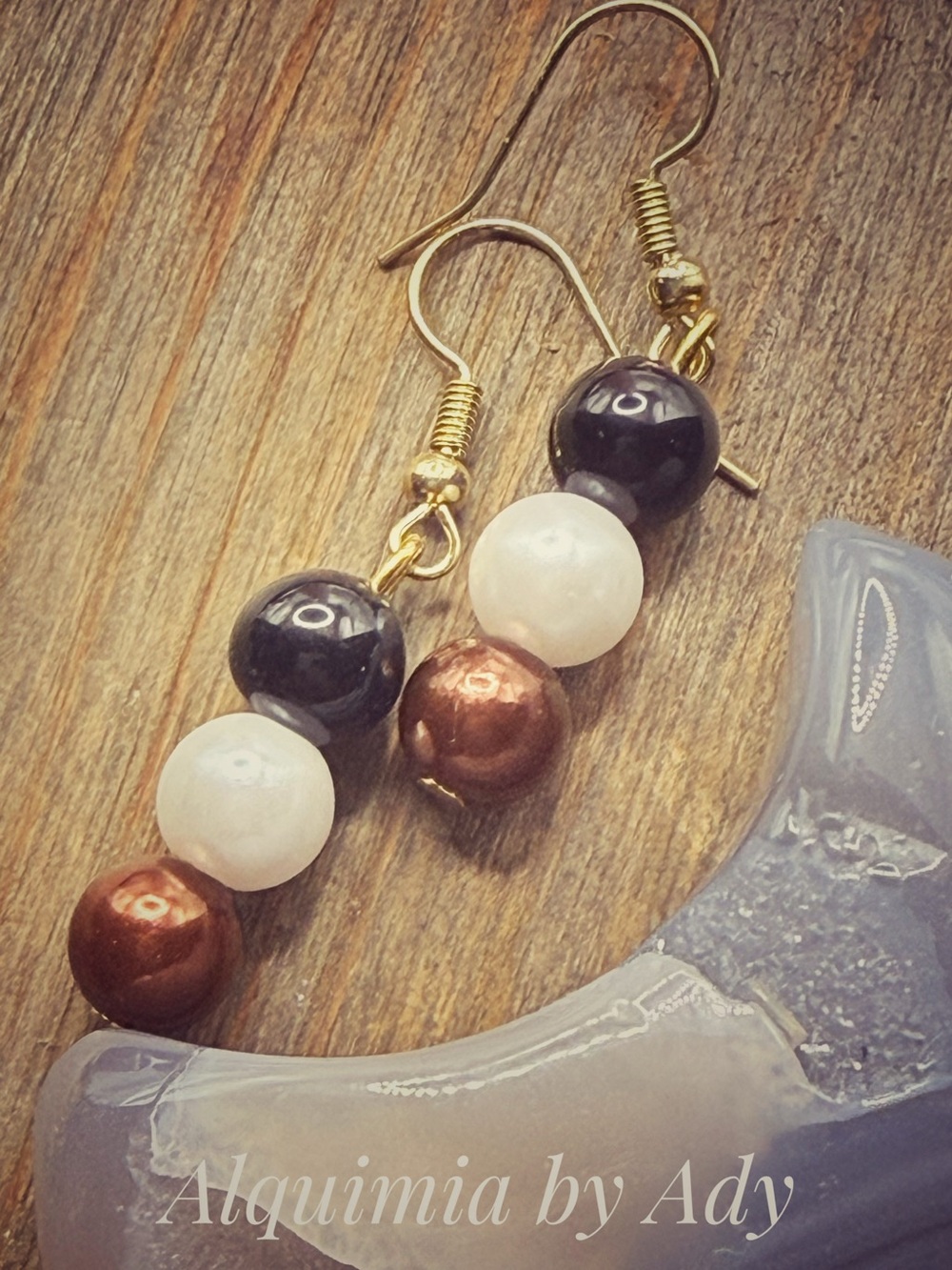 Black onyx White & Copper Beaded Drop Earrings